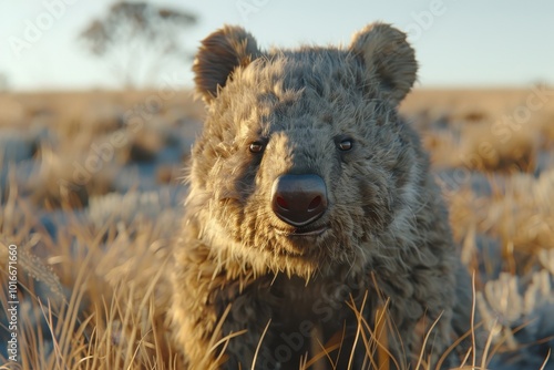 A baby bear is standing in a field of tall grass