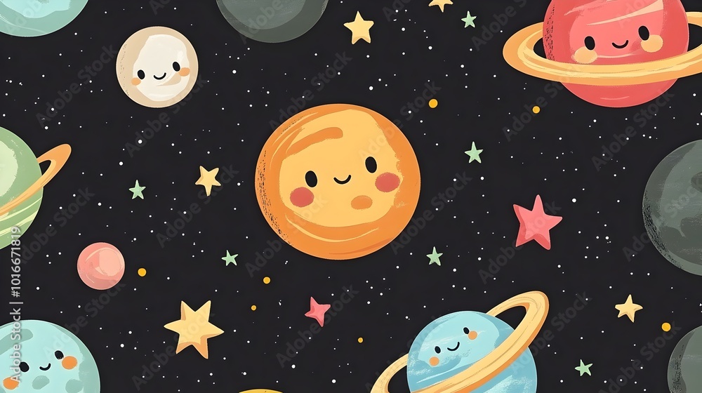 Adorable Kawaii Planets with Charming Faces Orbiting Whimsical Stars in the Cosmic Universe
