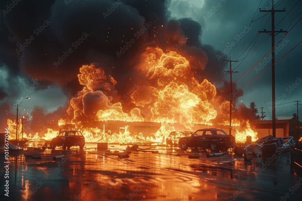 Fototapeta premium A fire is burning in the middle of a city street