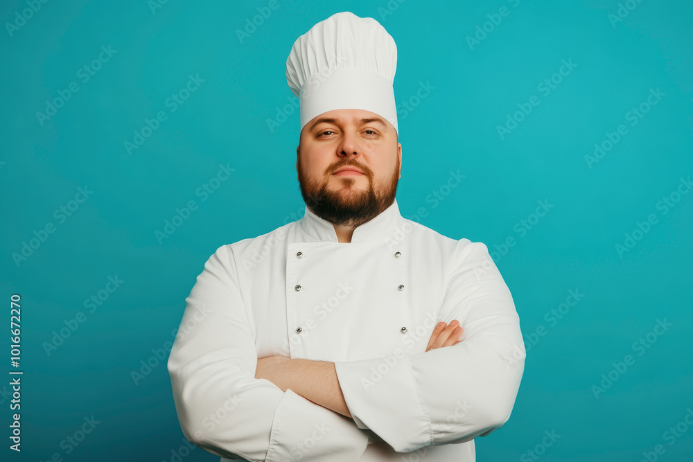 A chef is wearing a white hat and a white coat A chef is wearing a white hat and a white coat