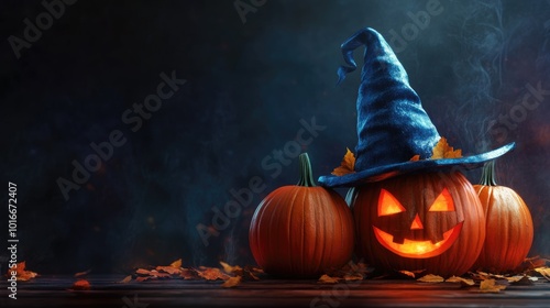 halloween themed pumpkins and witch hat on dark background photo