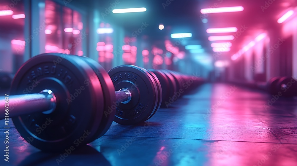 Fototapeta premium A row of black dumbbells in a gym with neon lights.
