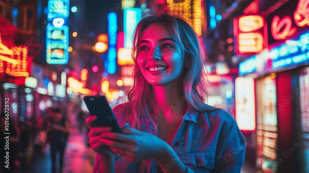Fototapeta premium Beautiful Young Woman Using Smartphone Standing on the Night City Street Full of Neon Light. Portrait of Gorgeous Smiling Female Using Mobile Phone