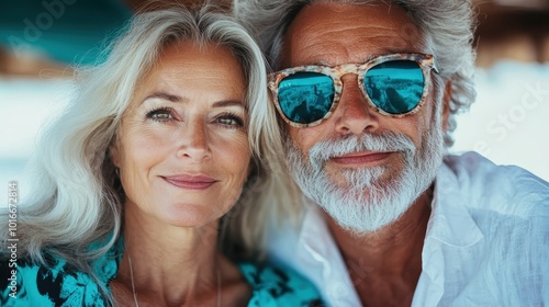 This image captures a gracious older couple basking in the sunlight at a beach, showcasing happiness and style with a beautiful blue and white background setting.