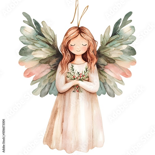 Boho Christmas angel ornament with delicate feathered wings whimsical watercolor in muted natural colors isolated on a clean white background photo