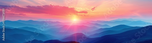 A beautiful mountain range with a bright orange sun in the sky