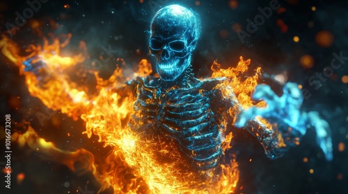 Skeleton on Fire: Blue Light and Orange Flames - Made with Generative AI