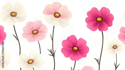 Minimalist watercolor cosmos flowers in soft pink and white, arranged on a light cream background, seamless design