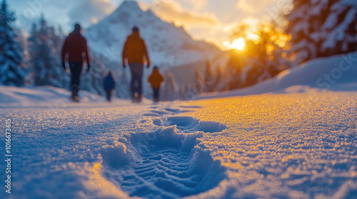 A family enjoying a winter hike in the mountains, with snow-covered peaks in the background and their footprints left in the snow photo