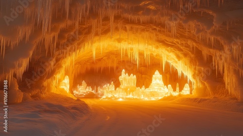 Icicle-filled ice cave opening to snowy forest landscape 