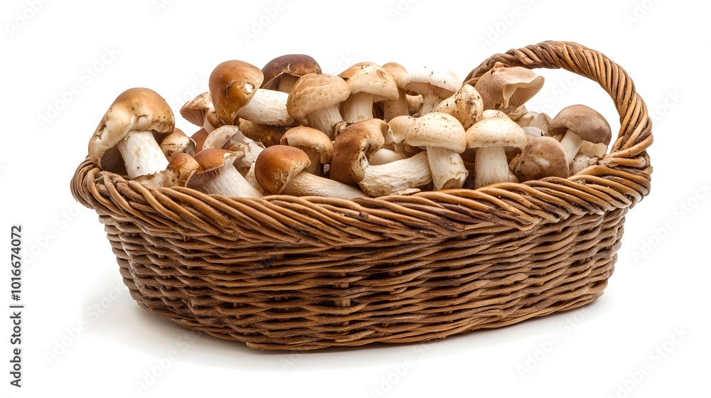 Assortment of Fresh Wild Mushrooms in a Rustic Wicker Basket on a White Background Assortment of Fresh Wild Mushrooms in a Rustic Wicker Basket on a White Background