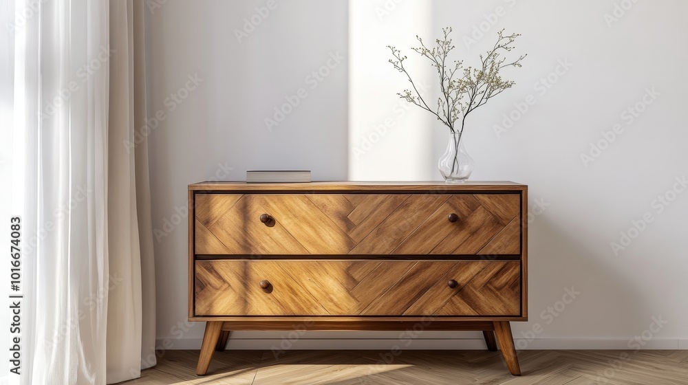 Classic wooden commode with textured facade against a white wall. Chest of drawers in a retro style living room interior. Classic wooden commode with textured facade against a white wall. Chest of drawers in a retro style living room interior.