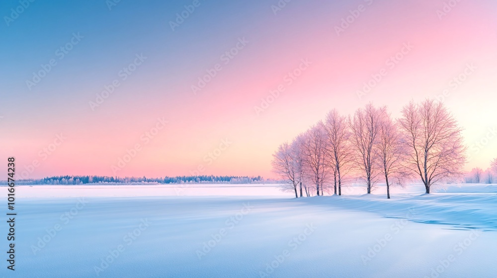 Sunrise Over a Snow-Covered Field with Trees and a Frozen Lake Horizon Sunrise Over a Snow-Covered Field with Trees and a Frozen Lake Horizon