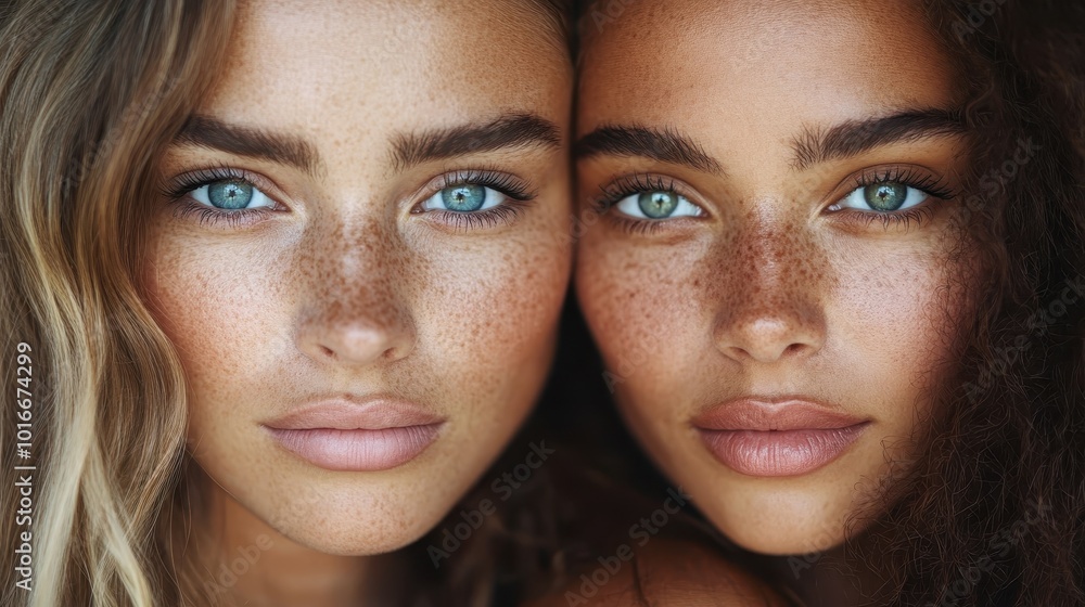 A close-up image of two women with striking blue eyes and freckles, their faces intimately close, representing beauty, natural twinning, and unique features. A close-up image of two women with striking blue eyes and freckles, their faces intimately close, representing beauty, natural twinning, and unique features.