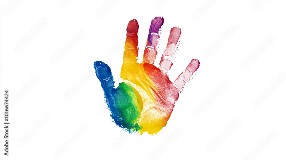 Handprint with colorful paint on a white background. Handprint with colorful paint on a white background.
