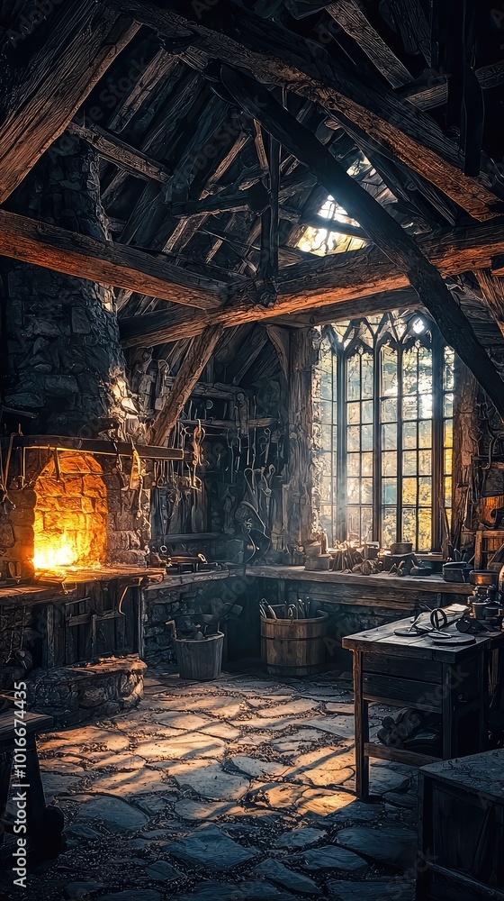 A warm, rustic interior of a medieval workshop, featuring wooden beams, stone floor, and glowing fireplace creating a cozy atmosphere. A warm, rustic interior of a medieval workshop, featuring wooden beams, stone floor, and glowing fireplace creating a cozy atmosphere.