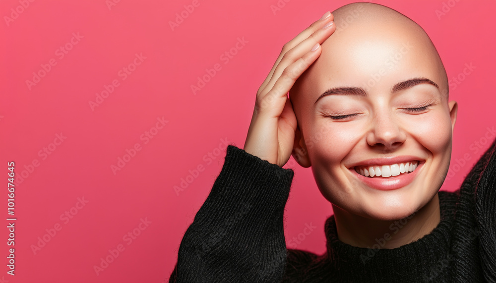 Beautyful bald woman with joyful smile and closed eyes holds her head with both hands. The pink background emphasizes her bright expression, capturing confidence, beauty, and positivity in simplicity Beautyful bald woman with joyful smile and closed eyes holds her head with both hands. The pink background emphasizes her bright expression, capturing confidence, beauty, and positivity in simplicity