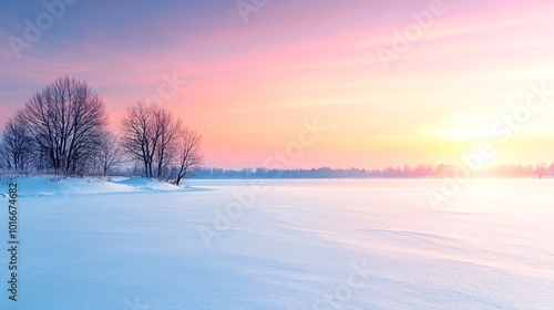 Winter Sunrise Over Snow-Covered Field and Frozen Lake Captures Serenity