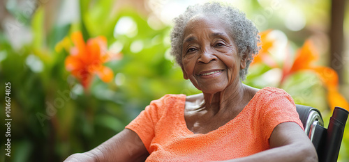 Elderly Black woman smiling outdoors in a garden setting