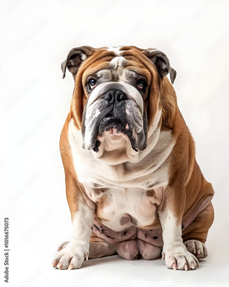 Bulldog with Broad Chest and Droopy Jowls Sitting Proudly on White Background Bulldog with Broad Chest and Droopy Jowls Sitting Proudly on White Background