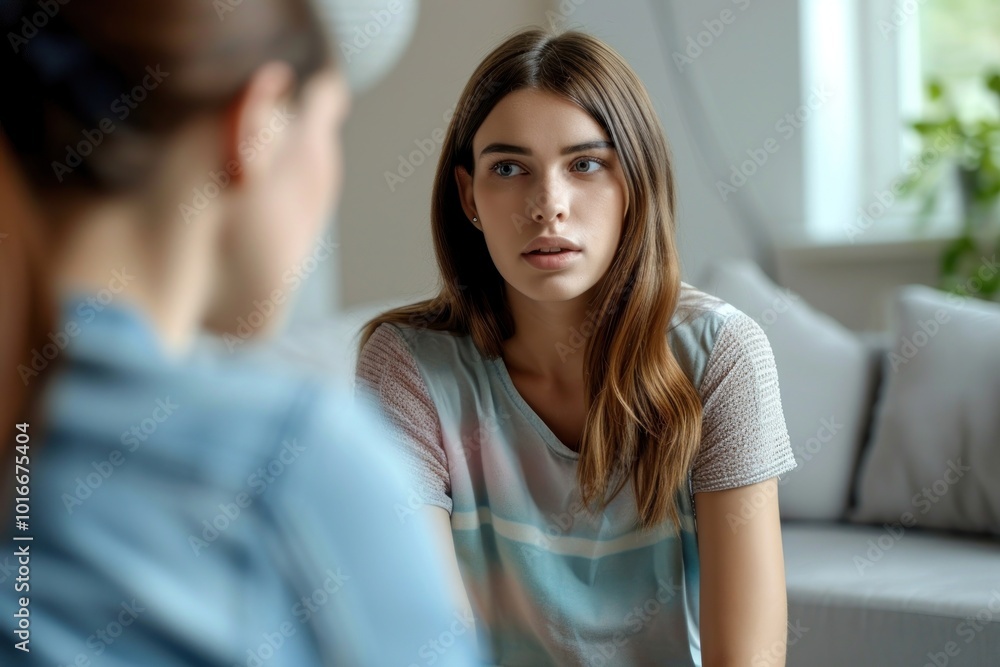 Fototapeta premium Woman sitting and having a consultation with a therapist conversation disappointment contemplation.