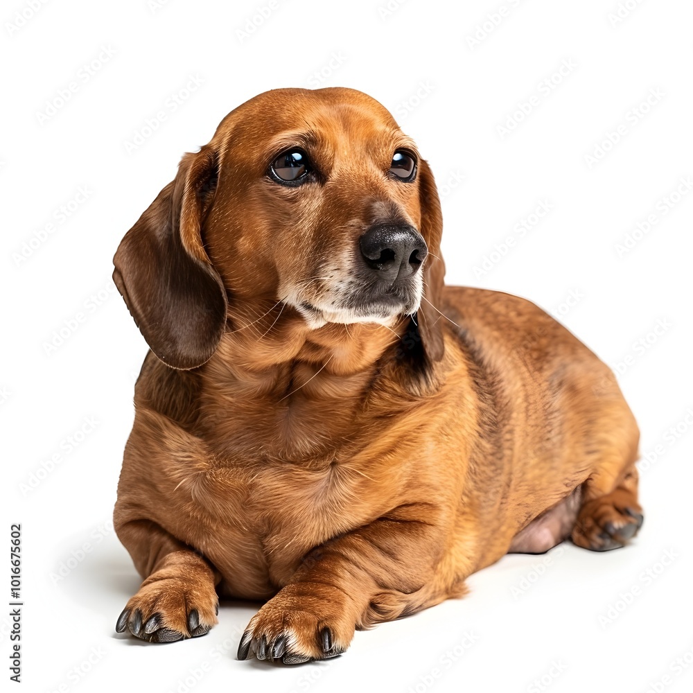 Overweight Chubby Dachshund Dog Lying on White Background Overweight Chubby Dachshund Dog Lying on White Background