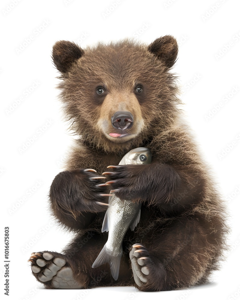 Fototapeta premium A Rotund and Playful Bear Cub Holding a Fish with Thick Fur and Adorable Expression on a White Background