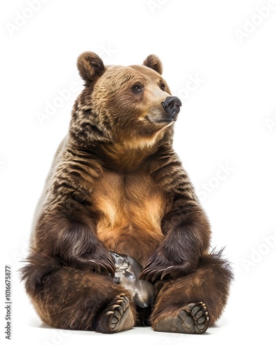 Rotund Brown Bear Cub Sitting with Fish Paws on White Background