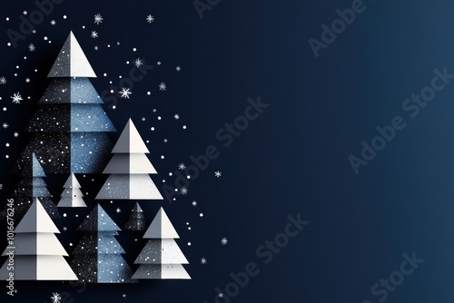 modern holiday graphics, minimalist and elegant christmas banner featuring silver and white geometric trees on a navy blue backdrop