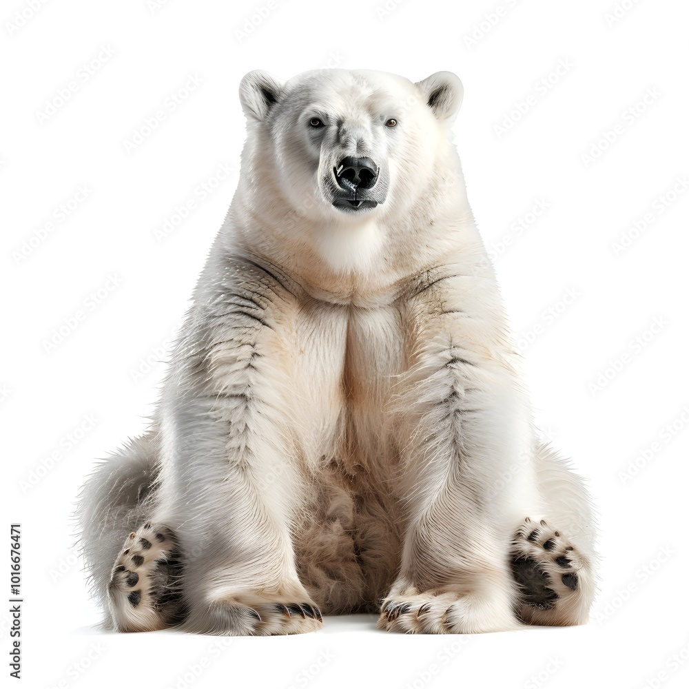 Fototapeta premium Chubby polar bear cub sitting with curious expression on white background with copy space