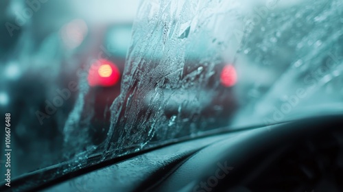 A frosty windshield offers a unique perspective on winter traffic. Blurred red taillights through the ice create a striking contrast and atmospheric effect.