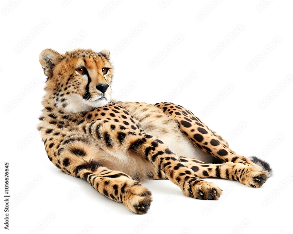Obraz premium Overweight Cheetah Cub Lying Down with Rounded Belly and Playful Expression on Isolated White Background