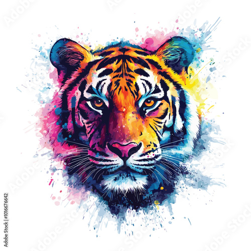 Vibrant Watercolor Tiger Head Vector Illustration for Wildlife Art, Posters, and Apparel Designs