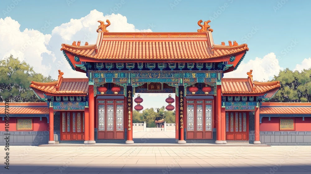 Traditional Chinese temple or Buddhist monastery with gates fragment. Classic Asian religious building and landmark. Chinese cultural and spiritual architecture. Traditional Chinese temple or Buddhist monastery with gates fragment. Classic Asian religious building and landmark. Chinese cultural and spiritual architecture.