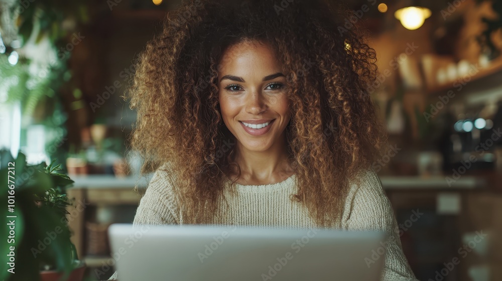 A cheerful woman with curly hair works on her laptop in a cozy, well-lit cafe, with a backdrop of plants and wooden elements, embodying warmth and productivity. A cheerful woman with curly hair works on her laptop in a cozy, well-lit cafe, with a backdrop of plants and wooden elements, embodying warmth and productivity.