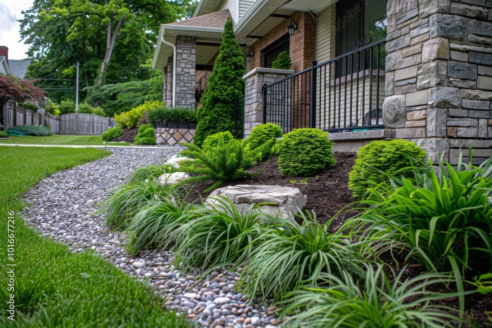 Canadian Suburban Home with Lush Front Yard, Iron Fence, and Natural Pebble Pathway Canadian Suburban Home with Lush Front Yard, Iron Fence, and Natural Pebble Pathway