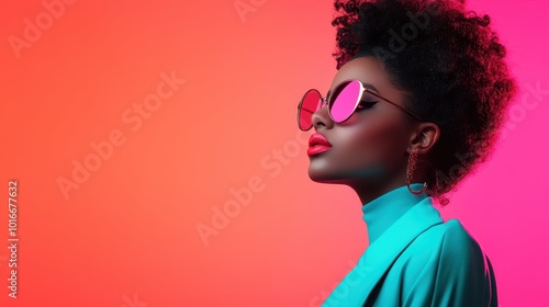 Elegant profile of a woman with pink sunglasses, wearing a teal coat against a bold pink and orange background, radiating confidence and grace. photo