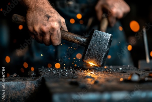 Craftsman shaping metal with a hammer in a workshop filled with glowing sparks during the day