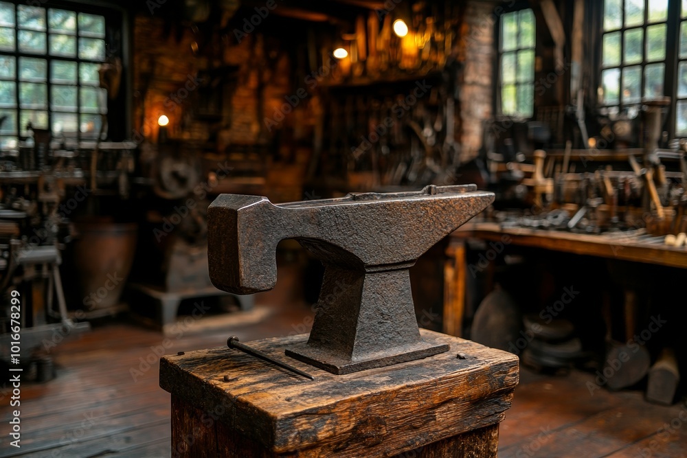 Anvil resting on wooden pedestal in a rustic workshop filled with tools and warm ambient light Anvil resting on wooden pedestal in a rustic workshop filled with tools and warm ambient light