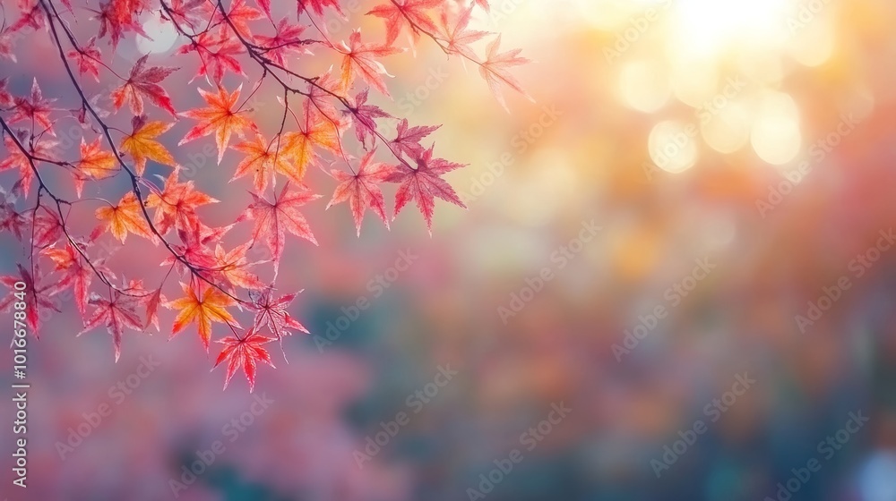 With red and yellow maple leaves, bokeh background and soft focus light for autumn season banners With red and yellow maple leaves, bokeh background and soft focus light for autumn season banners