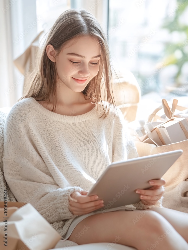 Obraz premium Young Woman Enjoying Leisure Time on Sofa with Tablet and Gift Boxes