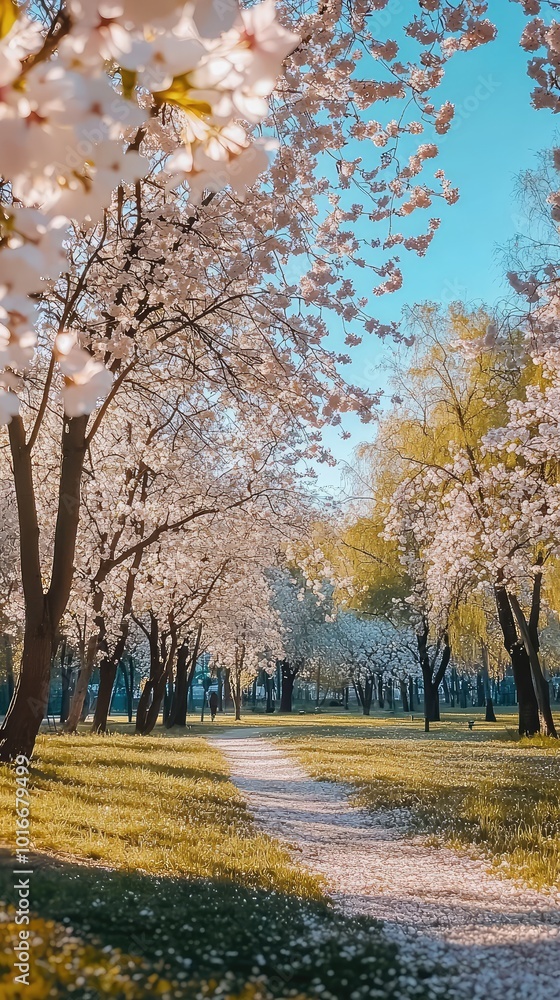 Beautiful cherry blossom trees lining a serene pathway under a clear sky, creating a perfect backdrop for relaxation and nature lovers. Beautiful cherry blossom trees lining a serene pathway under a clear sky, creating a perfect backdrop for relaxation and nature lovers.