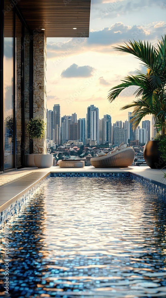 Fototapeta premium Beautiful rooftop pool with city skyline view at sunset, featuring clear water and lush palm trees for a serene atmosphere.
