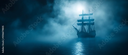 Ghostly Steam Powered Ship Sailing Through Haunting Halloween Fog   A Mysterious and Eerie Maritime Scene Shrouded in Atmospheric Mist and Moonlight photo