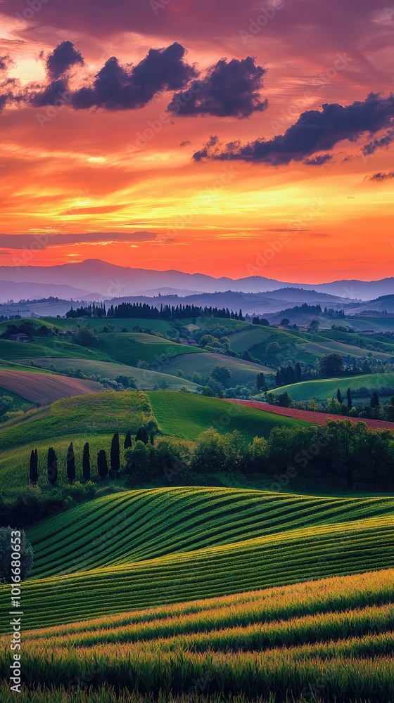 Obraz premium Breathtaking sunset over rolling hills, showcasing vibrant greens and dramatic clouds, perfect for landscape lovers and nature enthusiasts.