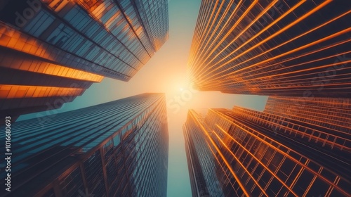 Bottom view of modern skyscrapers in business district in evening light at sunset with lens flare filter effect photo