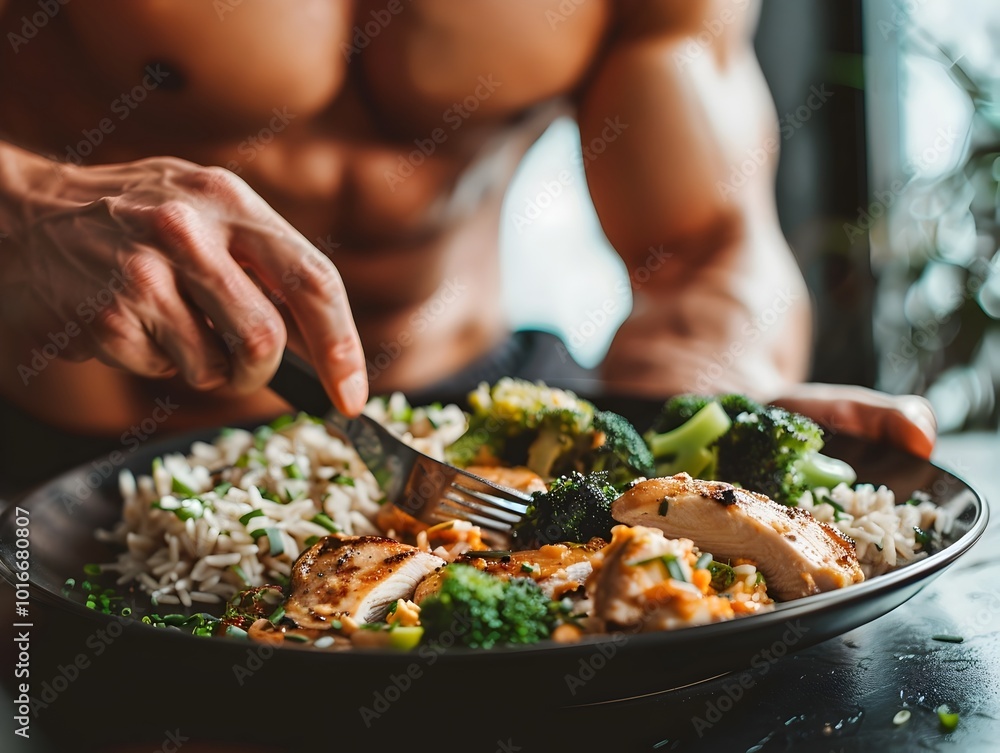 Bodybuilder Enjoying a Nutritious Meal in a Sleek Modern Dining Setting for Fitness and Wellness Bodybuilder Enjoying a Nutritious Meal in a Sleek Modern Dining Setting for Fitness and Wellness