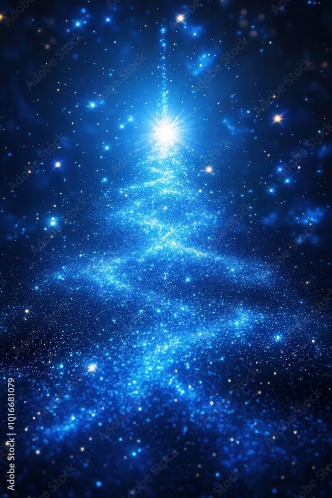 Obraz premium A stunning cosmic formation takes the shape of a tree, illuminated by brilliant blue light. Surrounding it is a vast expanse of dark space filled with shimmering stars, creating a mesmerizing celestia