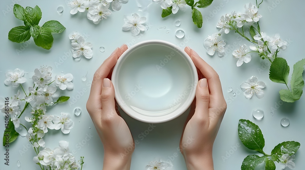 Hands Holding Steaming Cup with Floral Accents in Natural Setting