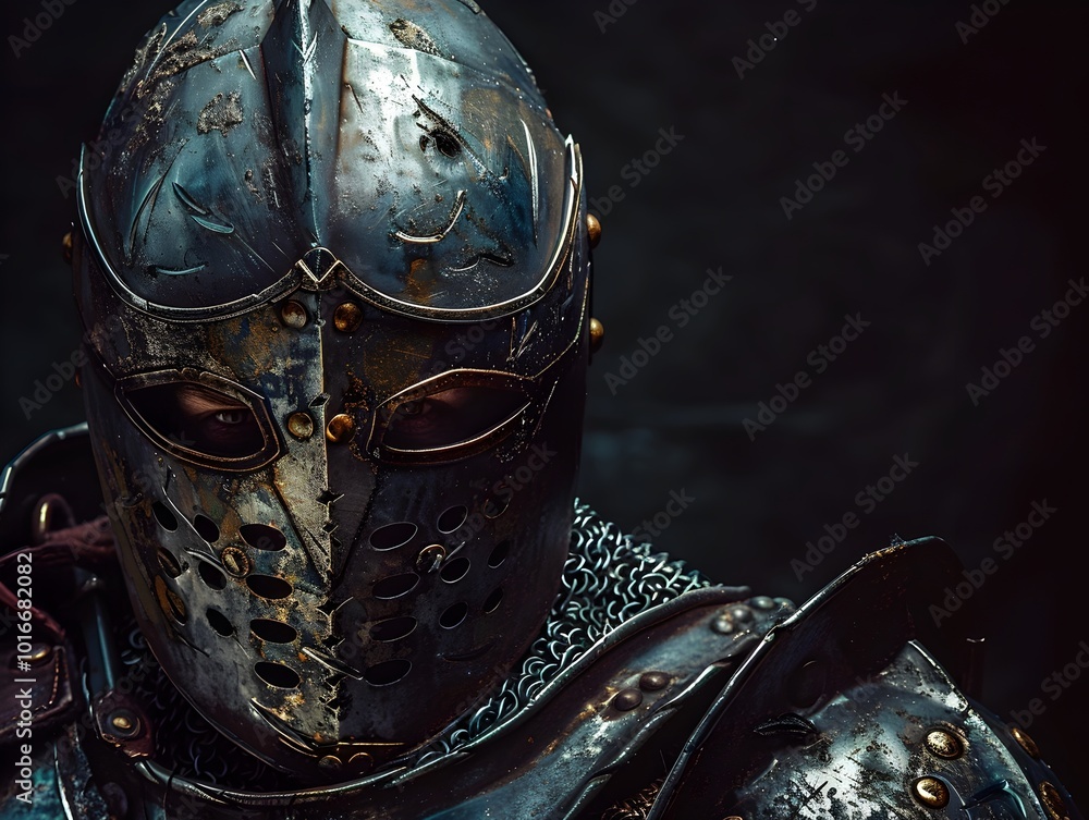 Fierce Knight in Full Armor with Intense Determined Eyes and Scarred Face Fierce Knight in Full Armor with Intense Determined Eyes and Scarred Face
